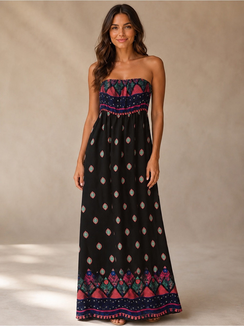 Black Strapless Maxi Dress with Pink & Teal Border